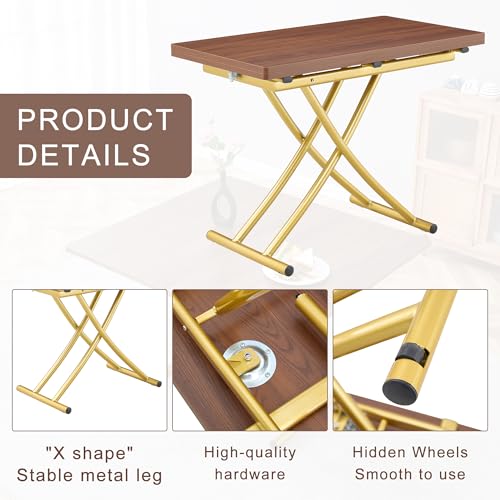 4 in 1 Adjustable Folding Dining Table for 4, Foldable Table for Small Spaces, Coffee Table that Lifts Up to Eat, Scratch-Resistant Wood Grain Top with Metal Frame for Kitchen Living Room - color: Walnut-gold