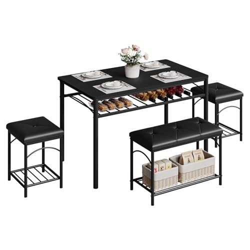 Space-Saving Dining Table Set for 4, Modern Kitchen Dinette with Padded Upholstered Bench & 2 Stools, Anti-Wobble Metal Frame Dining Furniture with Multi-Layer Storage Shelf, Waterproof Wood Grain Tab - color: Black