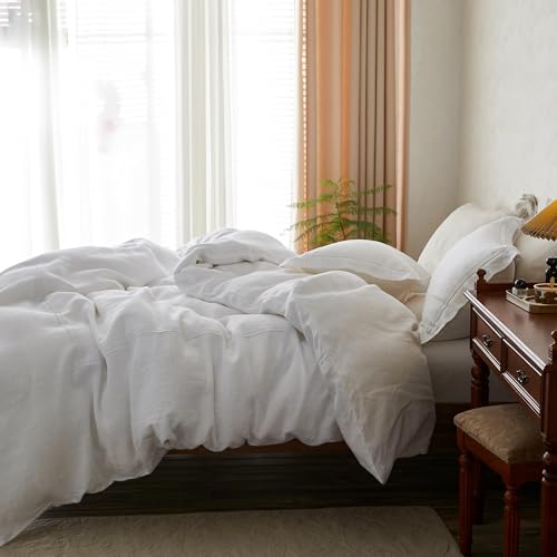 Simple&Opulence 100% Washed Linen Duvet Cover Set 68"x86" - 2 Pieces Soft Farmhouse Comforter Cover Set Double Embroidered with Button Closure - 1 Duvet Cover and 1 Pillowcase (White, Twin) - color: 2 Embroidery White, size: Twin