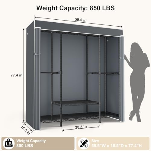 E3C Black Clothes Rack with Gray Cover, Heavy Duty Garment Rack | Freestanding Metal Closet System Storage Organizer for Clothing, Clothing Rack Holds up to 850 lbs, 59.5"W x 16.5"D x 77.4"H - color: Black Rack with Gray Cover