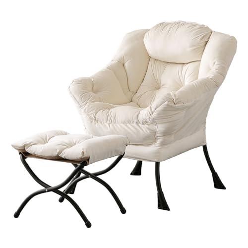 Lazy Chair with Ottoman, Comfy Accent Reading Chair, Velvet Beige | Foldable Footrest,Removable Cover,with Armrests and Side Pockets,Upholstered Lounge Chair for Bedroom,Dorm,Office,Small Space - color: Velvet Beige