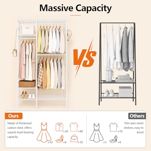 Clothes Rack with Adjustable Wire Shelves & Hanging Rods, White | Portable Clothing Garment Rack for Hanging Clothes, Freestanding Closet Organizer, Heavy Duty, Max Load 700Lbs - color: White