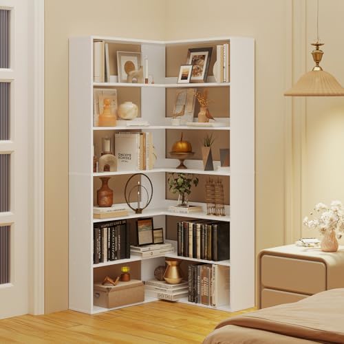 Corner Bookshelf, Freestanding L Shaped Display Shelf, 6 Tiers Bookcase with Baffles, Wooden Bookcase with Storage Organizer for Home Office, Living Room, Bedroom (23.6") - size: 23"