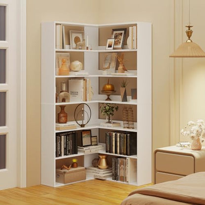 Corner Bookshelf, Freestanding L Shaped Display Shelf, 6 Tiers Bookcase with Baffles, Wooden Bookcase with Storage Organizer for Home Office, Living Room, Bedroom (23.6") - size: 23"