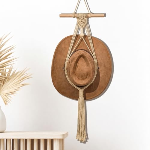 Macrame Hat Hangers Racks Boho Cowboy Hats Holders Western Display Organizer Storage decor Back of Door for Wall(Beige,One Hat Style) - color: Beige, style: One Hat Style