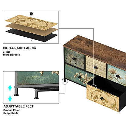 Dresser with Drawers for Bedroom Chest of Drawers Fabric Dresser for Closet,Nursery Entryway Hall Tree TV Stand for Living Room Retro Floral Pattern Drawers Wooden Top (5 Drawers) - size: 11.8"D x 39"W x 21.5"H (5 Drawers)