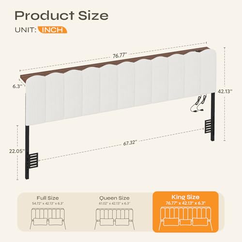 King LED Light Headboard with Storage Shelf, White | RGB LED 20 colors 21 modes, remote control, scalloped tufted, USB-A & Type-C ports, storage shelf, adjustable, foam padded - color: White, size: King