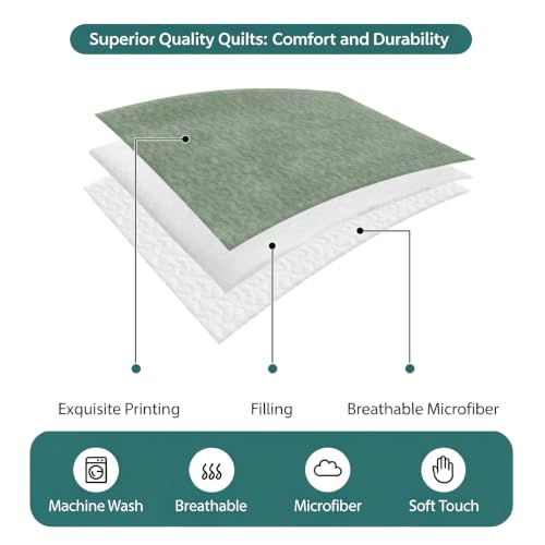 Minimalist Sage Green 3 Piece Quilt Set King Size, Vintage Art Distressed Pattern Farmhouse Soft Bedspread Coverlet Bedding Set Microfiber Lightweight Comforter Set with 2 Pillowcases for Bedroom - size: King