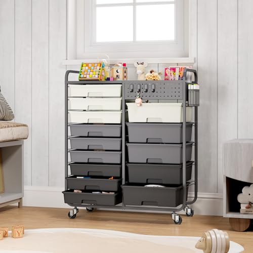 14 Drawer Rolling Storage Cart with Tabletop and Pegboard for Crafts Grey | Easy Setup, Large Capacity, Sturdy Build, Smooth Mobility, For classroom, office and dorm supplies - color: Grey