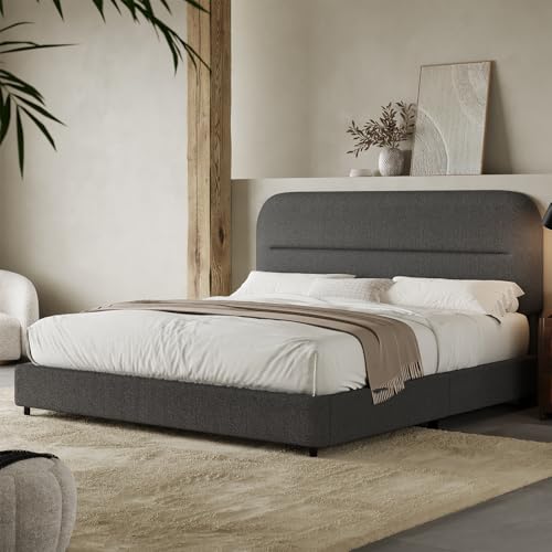 HOMBCK Full Size Boucle Bed Frame, Soft Upholstered Bed Frame with Headboard, Thickened Footboard, Rounded Corners, No Box Spring Needed, Easy Assembly, Grey - color: Grey, size: Full