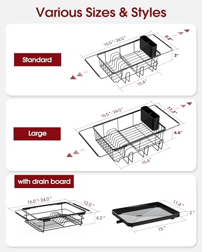 Sakugi Dish Drying Rack in Sink - Expandable Stainless Steel Dish Rack Over the Sink, Kitchen Sink Drain Strainer with Cutlery Holder & Cup Holders, 15.4 x 9.8 x 3.0 Inch, Black - color: Black, size: Standard - 15.4" × 9.8" × 3"
