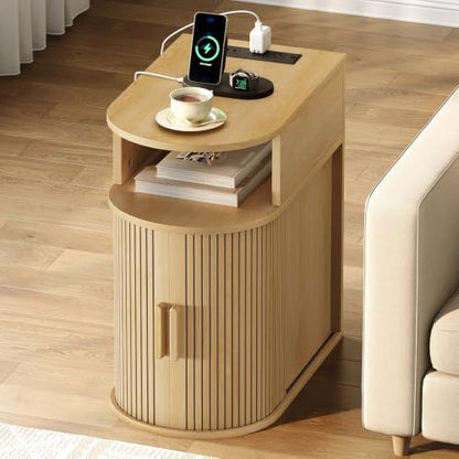 Narrow End Table with Charging Station, Fluted Sofa Side Table with Sliding Curved Door and Storage Shelf, Mid-Century Bedside Table, Modern Nightstand for Living Room, Bedroom, Natural - color: Natural
