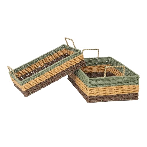 Handmade Rectangle Woven Paper Rope Storage Basket with Iron Frame,Basket with handles for Home Decor, Shelf & Desktop Organizing (Mix green yellow brown)