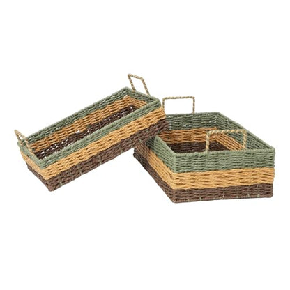 Handmade Rectangle Woven Paper Rope Storage Basket with Iron Frame,Basket with handles for Home Decor, Shelf & Desktop Organizing (Mix green yellow brown)