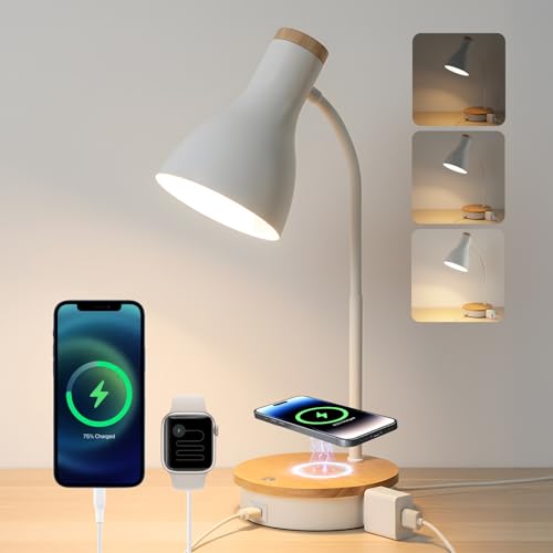 LALISU Desk Lamp for Home Office, 10W Wireless Charger Desk Light with USB C+AC Charging Ports,3 Ways Dimming Reading Light, Touch Table Lamp for College Dorm Room (White-Fast Charging (10W)) - color: White-Fast Charging (10W)