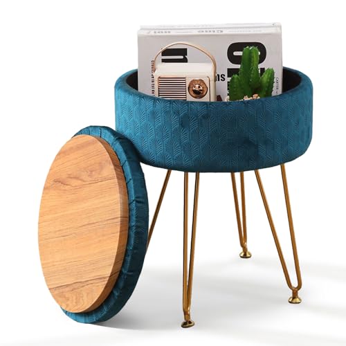 Cpintltr Velvet Storage Ottoman Round Footrest Stool Multifunctional Upholstered Ottoman Modern Accent Vanity Stools Tray Top Coffee Table Suitable for Living Room Bedroom - color: Teal