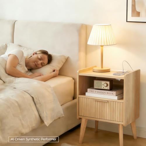 MAHANCRIS Natural Nightstand with Charging Station, Modern Bedside Table with Drawer and Storage Shelf, End Side Table with Solid Wood Legs, Night Stand, Living Room, Bedroom, Small Space, ETNA61E01 - color: Natural