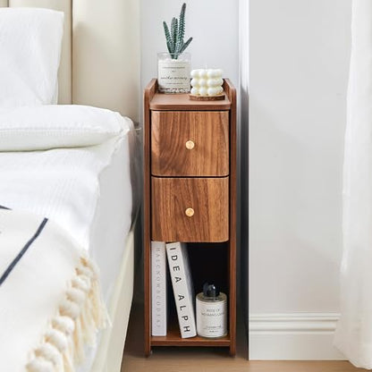 Narrow Nightstand Set of 2, Wooden Small 2 Drawer Nightstand, Slim Side End Table, Skinny Bedside Table, Mid Century Modern Night Stand with Drawers for Bedroom (Walnut-2 pcs) - color: Walnut-2 Pcs