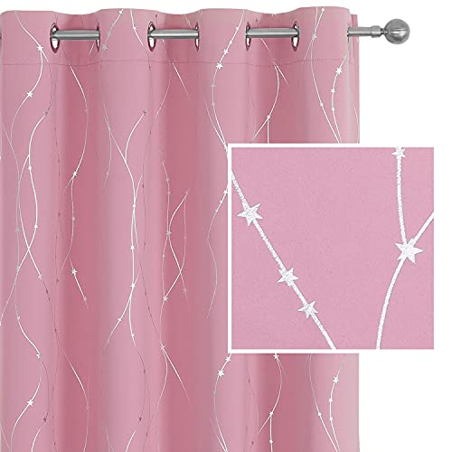 SMILE WEAVER Pink Blackout Curtains for Living Room 84 inch Length 2 Panels,Room Darkening Girls Bedroom Curtains,Silver Printed Design Soft Thick Thermal Insulated Grommet Window Drapes - color: Pink Silver, size: 52"W x 84"L (Pack of 2)