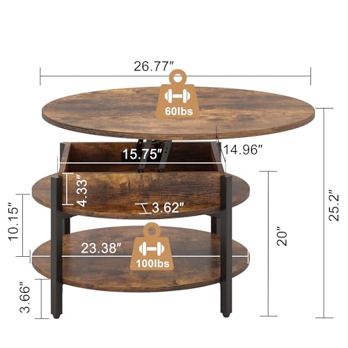 FABATO 26.77” Round Lift Top Coffee Table with Storage, Rustic Brown | Farmhouse Coffee Table, 2 Tier Small Round Center Table, Center Table for Living Room, Circle Dining Table - color: Rustic Brown
