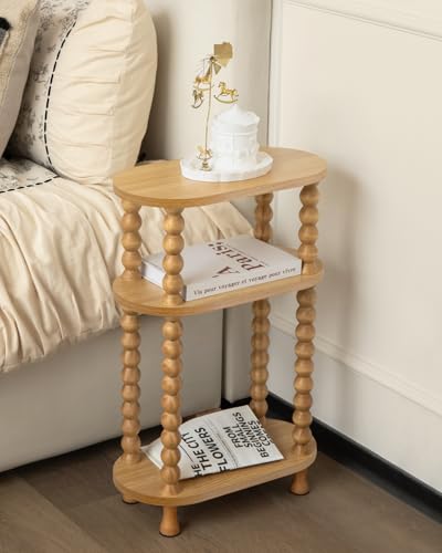 3-Tier Narrow Side Table, Slim End Table for Small Spaces | Skinny wooden side table with shelf storage. Ideal as living room accent or bedroom nightstand.Easy assembly, space-saving - color: Nature