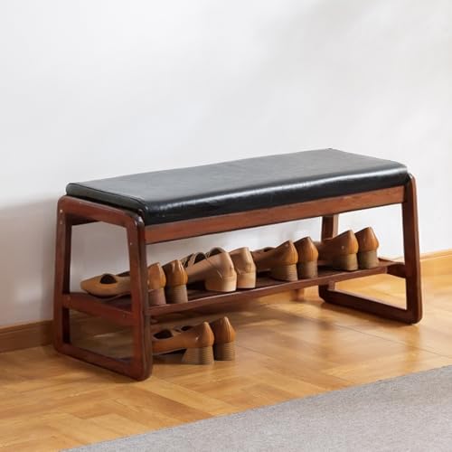 latifolia Solid Wood Bench, Entryway Shoe Bench with Cushion, 2 Tier Shoe Storage Organizer for Hallway, Living Room(Black,31.50''L) - color: Black, size: 31.50''L