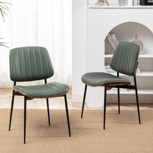 LUNLING Dining Room Chairs Mid Century Modern Retro Green Faux Leather Chair with Walnut Bentwood Upholstered Seat Metal Legs Kitchen Chairs Adjustable Foot for Kitchen Dining Room,1PCS - color: Green, size: 1PCS