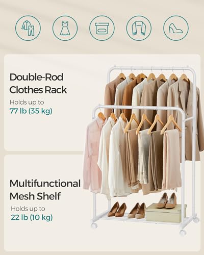 SONGMICS Double Rods Clothes Rack with Wheels, Clothing Rack for Hanging Clothes, Heavy Duty Garment Rack with Mesh Storage Shelf, 2 Brakes, Each Top Rail Holds up to 77 lb, White UHSR026W01 - color: White, style: Double Rod