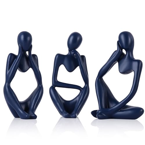 Navy Blue Thinker Statue Decor for TV Stand, Shelf, Desk, or Coffee Table - Set of 3 Resin Figurines for Living Room Decorative Objects, Modern Sculpture, Minimalist Bookcase Decor, Home Accents - color: Blue