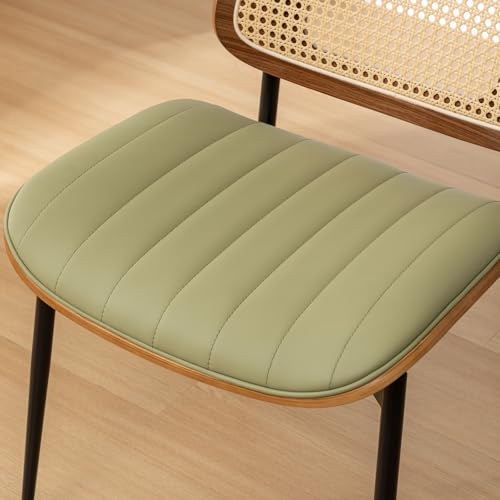 Rattan Dining Room Chairs Set of 4,Mid Century Modern Green PU Leather Kitchen Chair,Upholstered Seat Metal Legs Chairs with Adjustable Foot Pads,Walnut Armless Side Chairs - color: Green, size: Set of 2