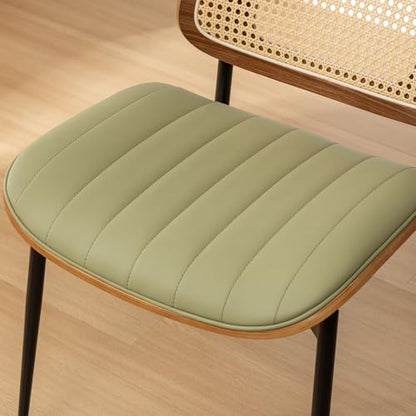 Rattan Dining Room Chairs Set of 4,Mid Century Modern Green PU Leather Kitchen Chair,Upholstered Seat Metal Legs Chairs with Adjustable Foot Pads,Walnut Armless Side Chairs - color: Green, size: Set of 2