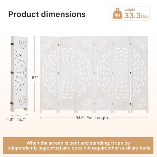 66.9Inch Wooden Room Partition - 6 Panels Boho-Styled Space Room Divider for Home/Office, Headboard & Yoga/Photo/Video Call Backdrop (White) - color: White, size: 6 Panels