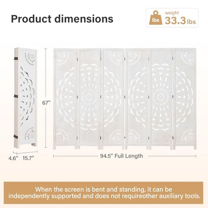 66.9Inch Wooden Room Partition - 6 Panels Boho-Styled Space Room Divider for Home/Office, Headboard & Yoga/Photo/Video Call Backdrop (White) - color: White, size: 6 Panels
