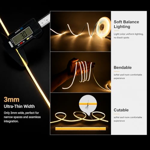 5V USB 3mm Ultra-Thin LED COB Light Strip,400LEDs/M Touch Dimmer COB Strip. | 5V USB Powered COB Lights for TV Under Cabinet Kitchen Living Room Shelving or Displays