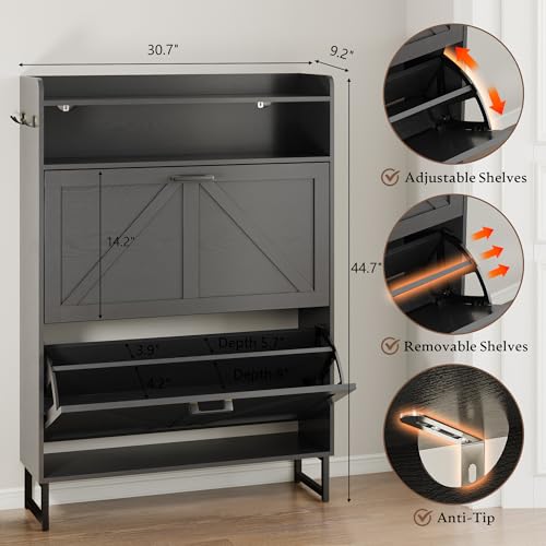 BORNOON Shoe Cabinet with 2 Flip Drawers Narrow Shoe Storage Cabinet Organizer Wooden Freestanding Rack Hidden Slim Storage for Entryway, Hallway, Living Room, Bedroom - color: Black, size: 2-Drawer