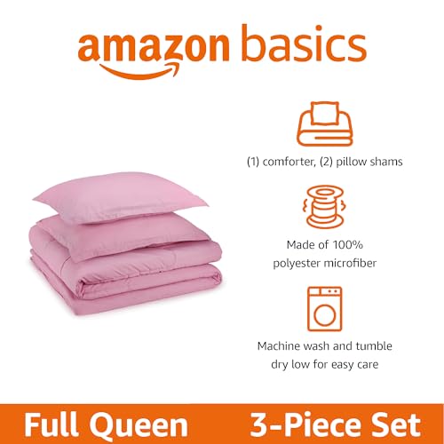 Amazon Basics 3-Piece Soft Microfiber Kid's Comforter and Pillow Sham Set, Full/Queen, Light Pink, Solid - color: Light Pink, size: Full/Queen