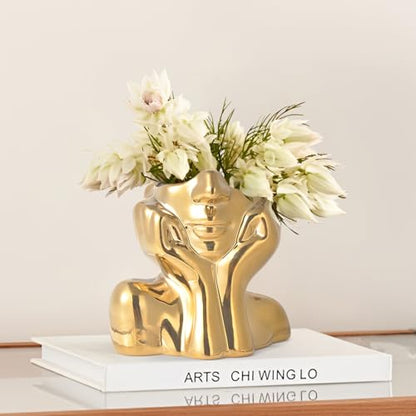 Gold Ceramic Human Face Decorative Vase - Shy Posture Modern Art Desktop Display for Bookshelf, Living Room, Office, Bedroom - style: Golden Hands on Cheeks