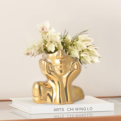 Gold Ceramic Human Face Decorative Vase - Shy Posture Modern Art Desktop Display for Bookshelf, Living Room, Office, Bedroom - style: Golden Hands on Cheeks