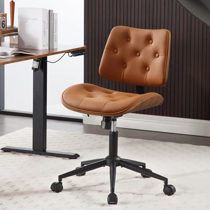 Armless Home Office Chair in Button Style, PU Leather Small, Brown | PU Leather Adjustable Height Computer Desk Chair, 360 Swivel Small No Arms Office Seat, Walnut Design Stool, 300LBS Cap - color: Brown, size: Button Style