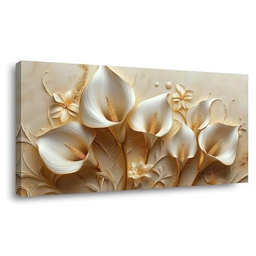 ZESTRILIA Golden White Calla Lily Canvas Wall Art, Luxury Floral Gilded Print, Modern Glam Minimalist Home Interior Decor for Living Room Bedroom Office (40x20 Inch) - color: Golden Calla Lilies