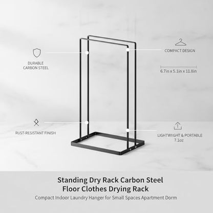 Compact Carbon Steel Standing Dry Rack for Indoor Laundry, Space-Saving Floor Clothes Hanger for Apartments & Small Spaces, Black