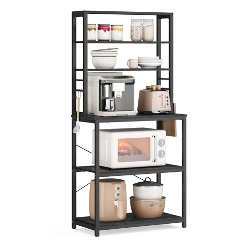 VASAGLE Coffee Bar, 23.6 Inches 6-Tier Baker's Rack with 6 Hooks | Industrial Microwave Stand, 15.8 x 23.6 x 65.8 Inches, Charcoal Gray and Ink Black, BARNET Collection UKKS024B22 - color: Charcoal Gray + Ink Black, size: 23.6"W, style: No Power Outlet