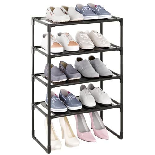 5-Tier Small Shoe Rack for Closet and Entryway, Narrow Shoe Shelf Organizer,Stackble Shoe Stand,Non-Woven Fabric Metal Free Standing Shoe Racks (Black, 18" W x 9.9" D x 28.6" H) - color: Black