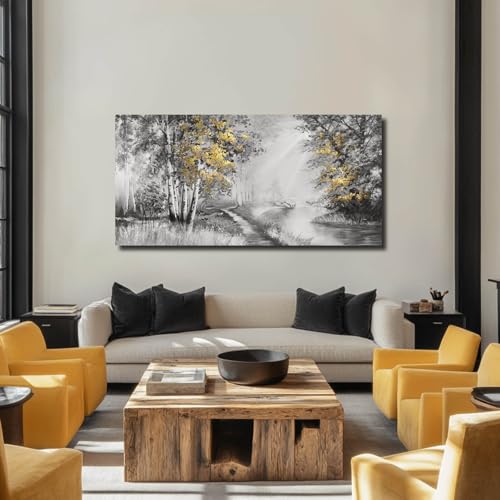 SOUGUAN Misty Forest Wall Art/Living Room Wall Decorations/Black Art 24 x 48 Inch/Plant Oil Painting for Bedroom Kitchen Office Home Decor - color: Gold, size: 48"L x 24"W