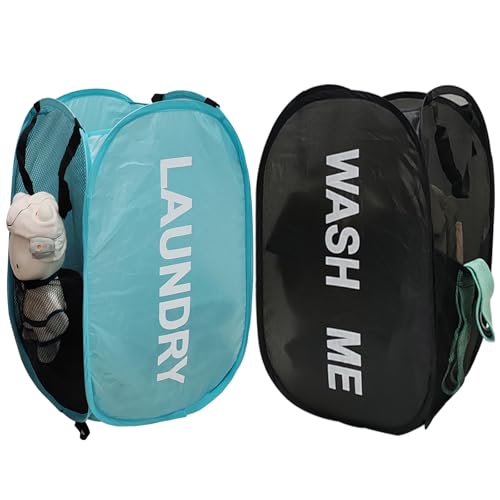 2Pack Mesh Pop Up Laundry Hamper, Foldable Laundry Basket with Side Pocket for Bedroom, Laundry Room, Travel, Cruise (Black+Blue) - color: Black + Sky Blue