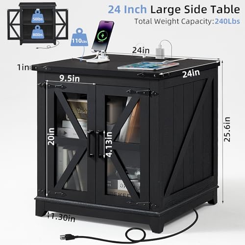 Joaxswe Farmhouse End Table for Living Room, Charger Station | USB Ports, Glass Barn Door, Solid Wood Legs, 24" Large Sofa Side Table, Adjustable Shelf, Black Square Table for Bedroom - color: Black, size: Set 1