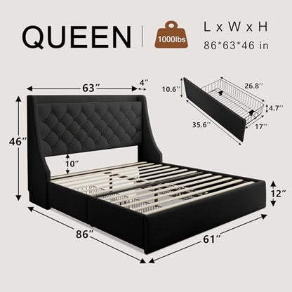 Einhomn Queen Bed Frame with 4 Storage Drawers, Upholstered Modern Bed Frame with Wingback Headboard, Charging Station, No Box Spring Needed, Easy Assembly, Black - color: Black, size: Queen