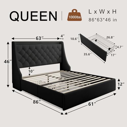 Einhomn Queen Bed Frame with 4 Storage Drawers, Upholstered Modern Bed Frame with Wingback Headboard, Charging Station, No Box Spring Needed, Easy Assembly, Black - color: Black, size: Queen