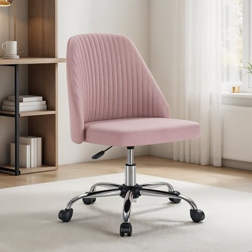 Simple Deluxe Armless Office Desk Chair, Modern Cute Swivel Vanity Chair Comfy Home Office Chairs with Wheels Height Adjustable Rolling Computer Task Stools for Living Room, Make-up, Bedroom, Pink - color: Pink
