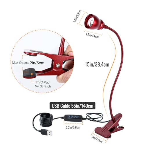 Zoomable Clip on Light, Clamp Reading Light for Dorm Bed Headboard, Dimmable Spotlight with 3 Color Temperature Options, 10 Dimmable Brightness Levels, Adjustable Beam Angle (Red) - color: Red